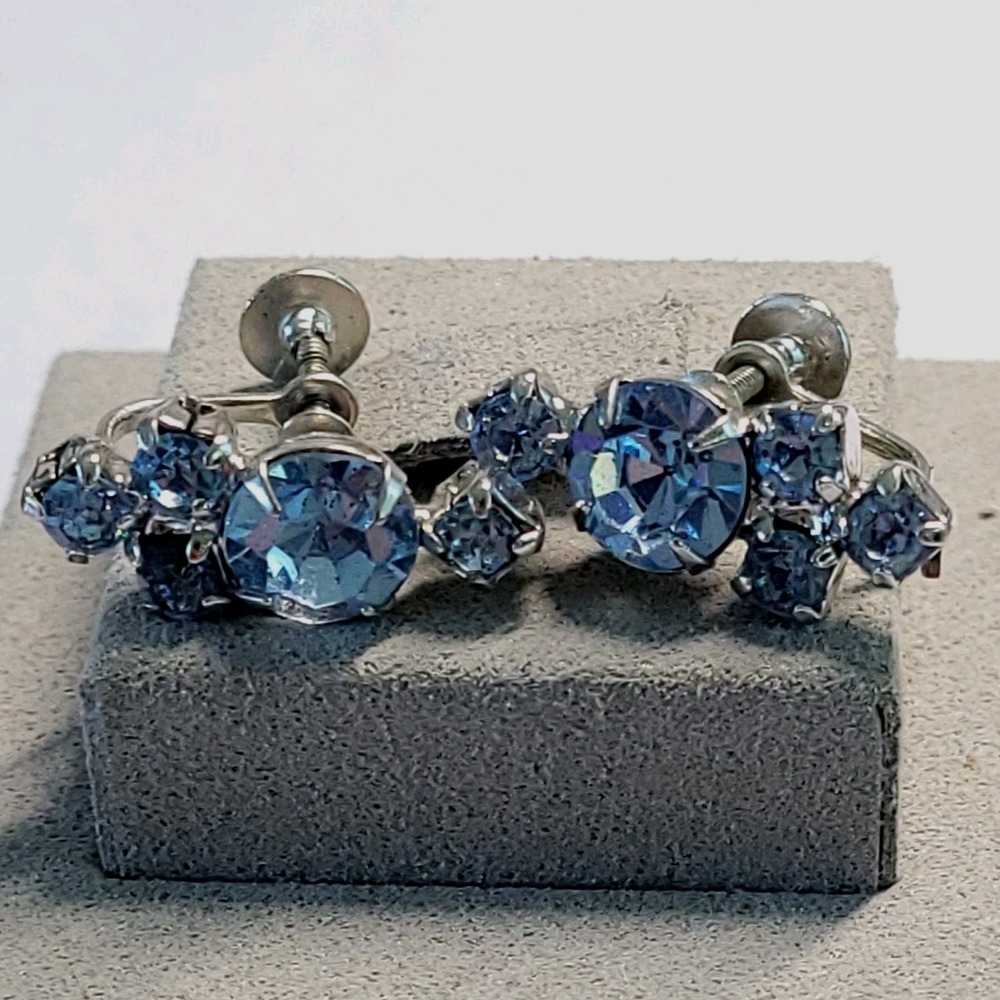 Vintage Light Blue Rhinestone Cluster Earrings Screw Back Mid Century Retro